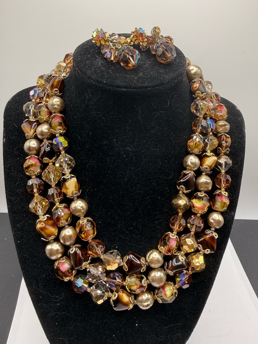 Signed Vendome Vintage Glass Bead Necklace & Earrings Set
